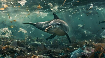 A dolphin swims amidst ocean pollution