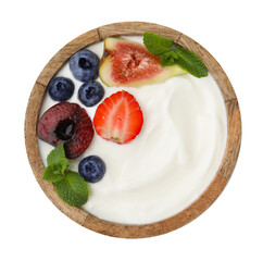 Bowl with yogurt, berries, fruits and mint isolated on white, top view