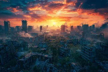 A 3D render of a city after apocalypse, standing desolate under a twilight sky, with remnants of civilization amidst nature s reclaim, Sharpen Landscape background