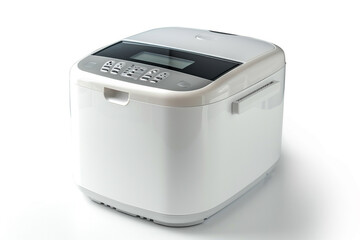 An advanced bread maker with a digital display and an automatic ingredient dispenser isolated on a solid white background.