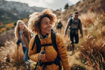 Friends hiking together outdoors exploring the wilderness, Generative AI