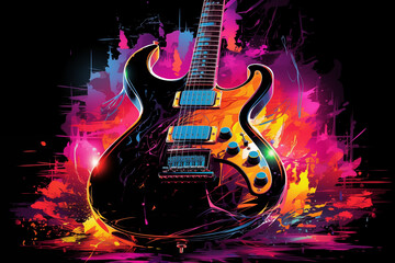Guitar, neon sticker, isolated on black background