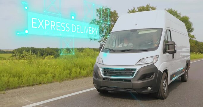 Express delivery using smart logistics. Express delivery of goods by white minibus. White Delivery Van with IOT in delivery