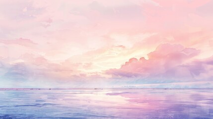Soft watercolor depiction of twilight over the ocean, the sky a blend of lavender and peach, soothing to patients in any clinic setting