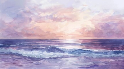Obraz premium Soft watercolor depiction of twilight over the ocean, the sky a blend of lavender and peach, soothing to patients in any clinic setting