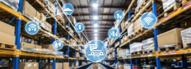 Fototapeta na wymiar A logistics warehouse with IoT technology tracking inventory and order fulfillment processes.