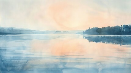 Naklejka premium Soft watercolor landscape of a serene lake at dawn, gentle hues reflecting tranquility and providing a soothing view for patients