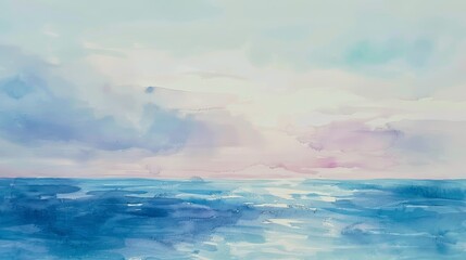 Soft watercolor landscape of distant horizons where the sea meets the sky, blending soothing blues and purples