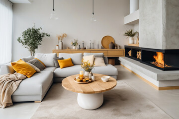 Obraz premium Grey corner sofa with vibrant orange pillows near fireplace. Minimalist interior design of modern living room, home.