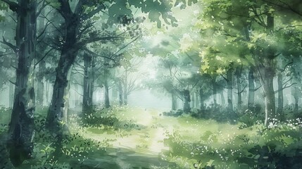 Soft watercolor landscape showing a quiet forest path under a canopy of whispering leaves, evoking peace and a sense of escape