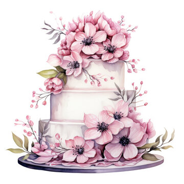 recommend clip art: Three-tier wedding cake decorated with pink flowers watercolor illustration. Festive baked goods for celebrations