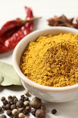 Curry powder in bowl and other spices on white wooden table, closeup