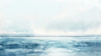 Soft watercolor painting of a distant horizon where the sea meets the sky in harmonious blues and grays, inducing tranquility