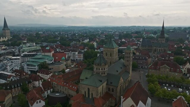Aerial drone view of Dom St. Petrus in Osnabr&uuml;ck, Germany. St. Peter's Cathedral serves as the cathedral of the Roman Catholic Diocese of Osnabr&uuml;ck. 