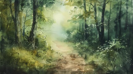 Soft watercolor scene of a quiet woodland path, lush greens and earthy tones evoking a sense of peace and connection with nature