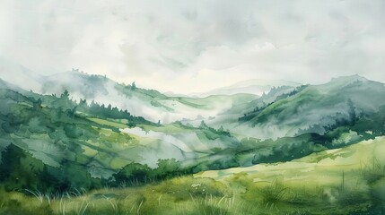 Soft watercolor scene of rolling hills covered in morning fog, the ethereal quality providing a calming backdrop for healing spaces
