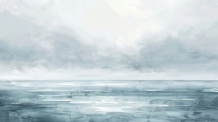 Fototapeta premium Soothing watercolor artwork of an overcast seascape, the cloudy sky and calm sea merging in a palette of cool grays