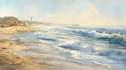 Soothing watercolor depicting a quiet sandy beach with gentle waves lapping at the shore, a distant lighthouse in the mist