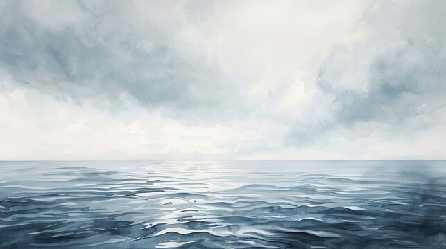 Soothing watercolor artwork of an overcast seascape, the cloudy sky and calm sea merging in a palette of cool grays