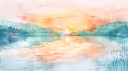 Soothing watercolor of a sunrise over a peaceful lake, soft pastels blending to create a calm, healing environment in the clinic