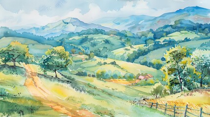 Soothing watercolor of a pastoral countryside scene with rolling hills and a clear sky, evoking a sense of freedom and tranquility