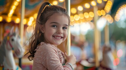 Little girl riding a carousel at a funfair and smiling happily