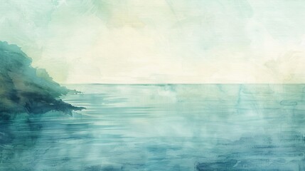 Soothing watercolor of distant horizons viewed from a coastal cliff, muted tones of blue and green creating a serene backdrop