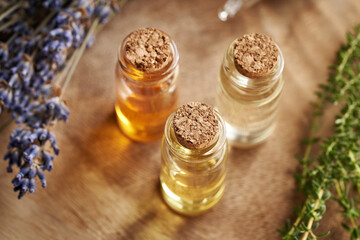 Three bottles of aromatherapy essential oil with fresh thyme and dried lavender flowers