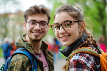 Fototapeta premium Cheerful young European students with backpacks smiling outdoors, perfect for educational themes.