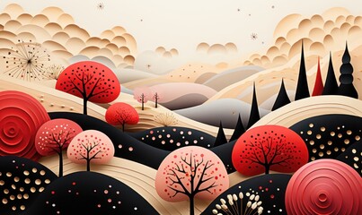 A colorful landscape with abstract shapes