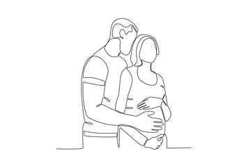 Continuous single line drawing of a Husband lovingly hugs pregnant wife10. concept of a family newly married and given a child, illustration of the popular single line drawing, concept of single line 