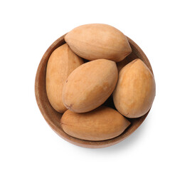 Tasty pecan nuts in shell isolated on white, top view