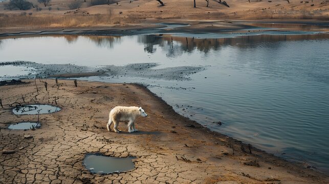 A lone dog wanders by a drying lakebed