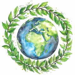 Earth Green Eco, laurel leaves around the Earth, cloudy hand painting Watercolor Style Illustration