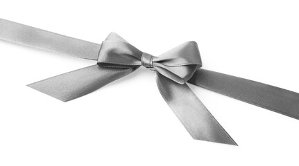 Grey satin ribbon with bow on white background