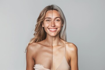 Fototapeta premium Aging skin texture merges with hair color care, showcasing aging effects and beauty transformations in facial visuals.
