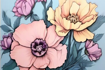 Hand drawn tropical flowers background AI generated