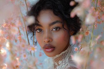 A Black woman poses gracefully in a vibrant field of flowers, her expression serene, embodying the essence of spring and natural beauty. Perfect for stock photography.