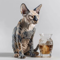 Sphynx cat with tattoos with a glass of whiskey AI generated