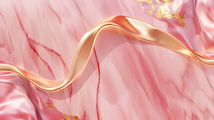 Abstract 3d gold curved ribbon on rose gold marble background. Generative AI.