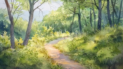 Fototapeta premium Watercolor scene of a quiet path winding through a tranquil forest, inviting viewers to imagine a restorative walk in nature