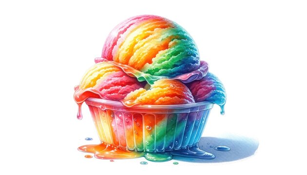 Rainbow sherbet ice cream melting in a clear plastic cup