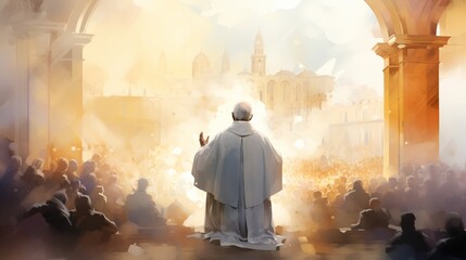 Pope praying with masses and believers in sacred place. - obrazy, fototapety, plakaty