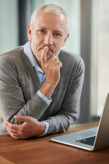 Mature man, home office and thinking with laptop for online research, ideas and vision as business...