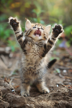 An excited kitty throws his hands in the air