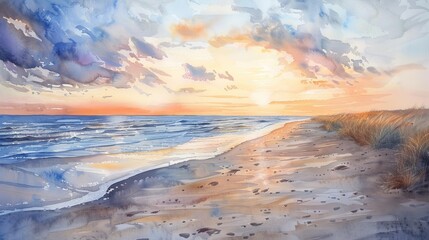 Tranquil watercolor painting of a serene beach at sunset, the sky painted with warm, soothing colors to comfort patients