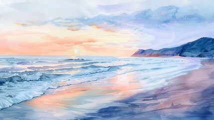 Obraz premium Tranquil watercolor scene of a beach at sunset, the soothing sound of waves captured in soft brush strokes, enhancing a peaceful clinic ambiance