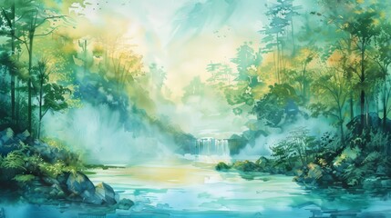 Fototapeta na wymiar Tranquil watercolor scene of a river gently flowing through a verdant landscape, symbolizing continuous health and renewal