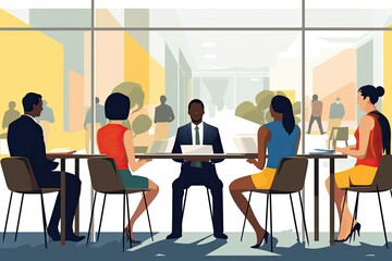 A group of individuals sitting together at a table facing a window, engaged in conversation or a meeting. Generative AI