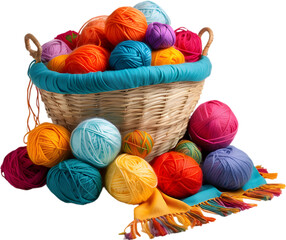A basket overflowing with colorful yarn balls with a finished scarf peeking out. 
